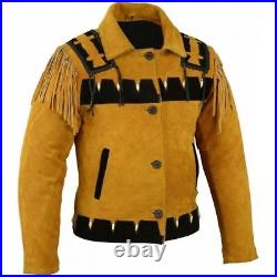 Mens Hand Made Western Tan Suede Leather Wear Cowboy Fringe Style Coat Jacket
