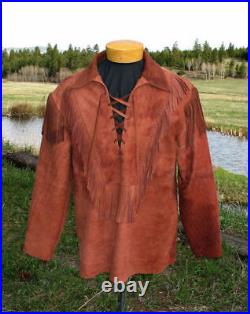 Mens Jacket Western Cowboy Suede Leather Traditional Fringe Native American Coat