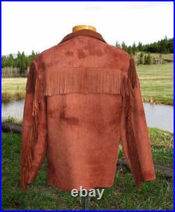 Mens Jacket Western Cowboy Suede Leather Traditional Fringe Native American Coat