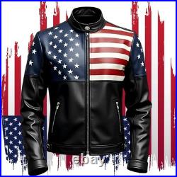 Mens Leather Black Biker Jacket USA Flag Printed Jacket Lambskin Leather Coat