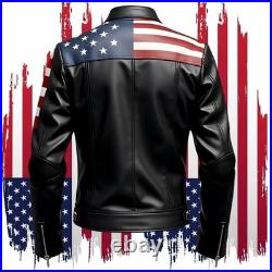 Mens Leather Black Biker Jacket USA Flag Printed Jacket Lambskin Leather Coat