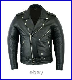 Mens Leather Brando Motorbike Jacket Marlon Biker Motorcycle Black Lambskin Coat