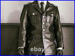 Mens Leather Coat Jacket Tunics Police Military Soft Leather Coat Shirt Black
