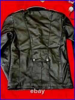 Mens Leather Coat Jacket Tunics Police Military Soft Leather Coat Shirt Black
