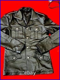 Mens Leather Coat Jacket Tunics Police Military Soft Leather Coat Shirt Black