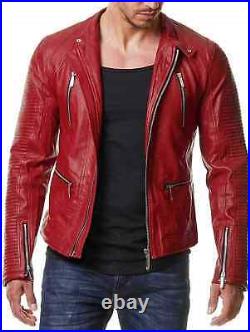 Mens Leather Red Jacket Quilted Biker Motorcycle Genuine Lambskin Jacket Coat