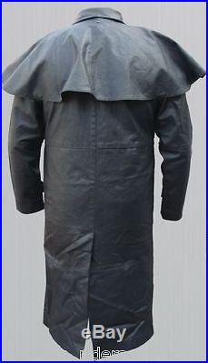 Mens Leather Western Motorcycle Biker Duster Long Outback Trench Coat Buffalo