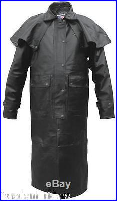 Mens Leather Western Motorcycle Duster Long Outback Trench Coat