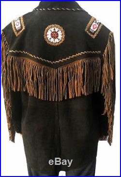 Mens Leather Western wear Black/Brown Suede Leather Jacket Fringe and beads