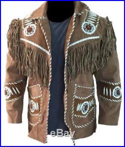 Mens Leather Western wear Brown Suede Leather Jacket Fringed & Beads Coat