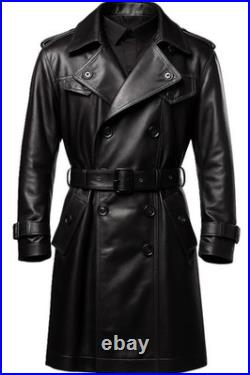 Mens Long Black Leather Trench Coat with Belted Waist, Classic Winter Style