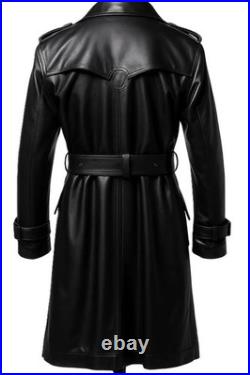 Mens Long Black Leather Trench Coat with Belted Waist, Classic Winter Style