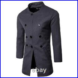 Mens Long sleeve Stand collar Woolen Jacket Trench Coat Plain Outwear Western L
