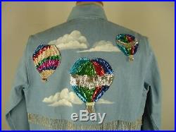 Mens M womens L XL vtg blue western duster coat hot air balloons sequins fringe