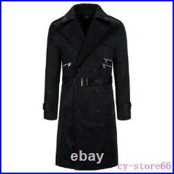 Mens Mid Long Suede Velvet Jacket Windbreaker Double Breasted Trench Coat Belted