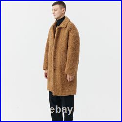 Mens Mid Long Trench Coat Faux Lamb Fur Oversize Jacket Single Breasted Overcoat