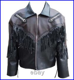 Mens Native American Cowboy Jacket Leather Fringe Beads Western Traditional Coat
