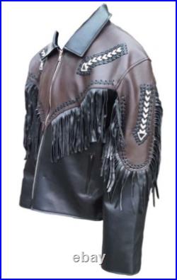Mens Native American Cowboy Jacket Leather Fringe Beads Western Traditional Coat