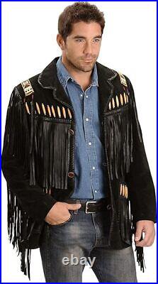 Mens Native American Cowboy Leather Jacket Western Suede Fringe & Beaded Jacket