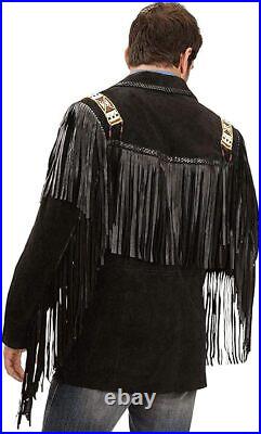 Mens Native American Cowboy Leather Jacket Western Suede Fringe & Beaded Jacket