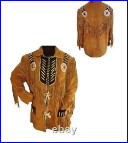 Mens Native American Tan Suede Leather Jacket Fringes & Beads Western Wear Coat