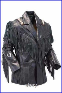 Mens Native American Western Cowboy Leather Jacket with Fringed & Beads Art Work