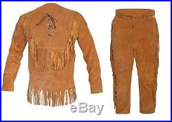 Mens Native American Western Suede Leather Suit with pullover Shirt Pants Fringe