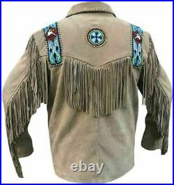 Mens Native American Western Wear Suede Leather Jacket Fringe & Beaded Coat