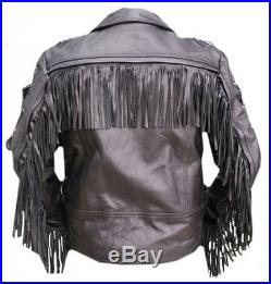 Mens New Brando Style Cow leather Fringed Jacket Western wear all size