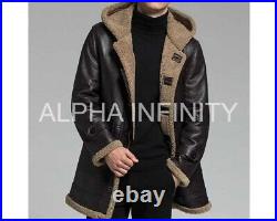 Mens New Hooded B-3 Brown Shearling Leather Jacket. Real Sheepskin Aviator Coat