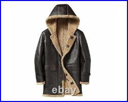 Mens New Hooded B-3 Brown Shearling Leather Jacket. Real Sheepskin Aviator Coat