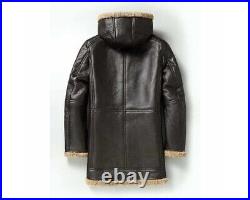 Mens New Hooded B-3 Brown Shearling Leather Jacket. Real Sheepskin Aviator Coat