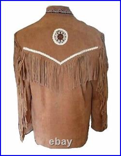 Mens Old Cowboy Brown Buckskin Suede Leather Beaded Fringes Western Jacket WSJ15