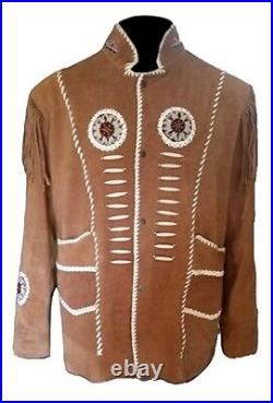 Mens Old Cowboy Brown Buckskin Suede Leather Beaded Fringes Western Jacket WSJ15