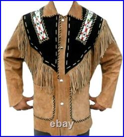 Mens Old Cowboy Brown Buckskin Suede Leather Beaded Fringes Western Jacket WSJ47