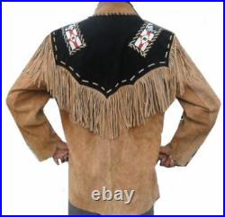 Mens Old Cowboy Brown Buckskin Suede Leather Beaded Fringes Western Jacket WSJ47