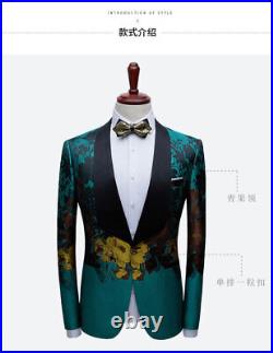 Mens One Button Short Jacket Floral Jacquard Weave Wedding Blazers Coat Slim Fit