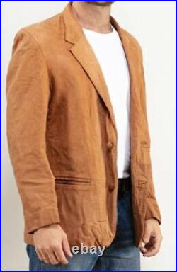 Mens Pure Lambskin Suede Blazer Tan Brown Classic Two Button Jacket Coat Outwear
