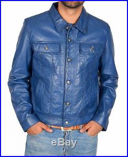 Mens REAL Soft Leather Jacket Western Fitted Trucker Denim Style Leather Jacket