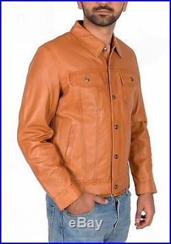 Mens REAL Soft Leather Jacket Western Fitted Trucker Denim Style Leather Jacket
