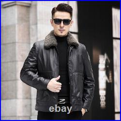 Mens Real Leather Duck Down Jacket Wool Lamb Fur Collar Short Overcoats Coat Zip