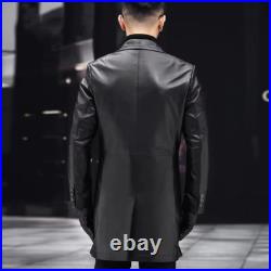Mens Real Leather Jacket 3/4 Length Single Breasted Three Button Coat Black L XL