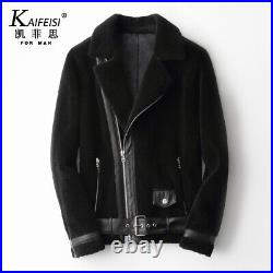 Mens Real Shearling Lamb Wool Fur Short Coat Jacket Motorcycle Zip Buckle Winter