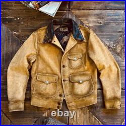 Mens Retro Suede Cowhide Cow Leather American Wild Western Vintage Style Jacket