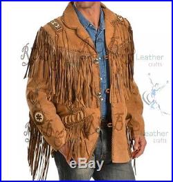 Mens Scully Leather Western wear Brown Suede Leather Jacket Fringe Bead & Bones