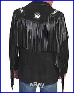 Mens Scully Leather Western wear Brown Suede Leather Jacket Fringe Bead & Bones