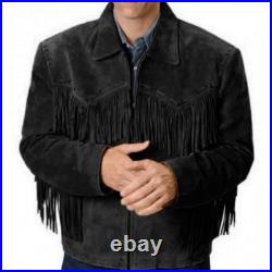 Mens Simple Style Western Suede Jacket Black Fringe Jacket Coat, men Jackets