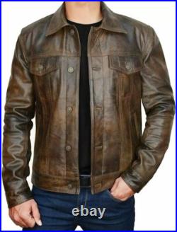 Mens Slim Fit Leather Jacket, Vintage Western Trucker Biker Style Mens Slim Fit Leather Jacket, Vintage Western Trucker Biker Style