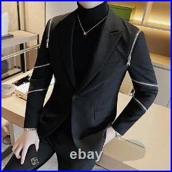 Mens Slim Handsome Suit Jacket Zipper Design Western Punk Coat Single Breasted