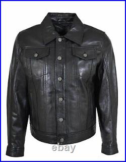 Mens Soft Leather Trucker Jacket Black American Western Coat